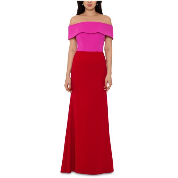 Betsy & Adam Colorful Off the Shoulder Evening Gown Size 2 Pink and Red Formal - Picture 9 of 11